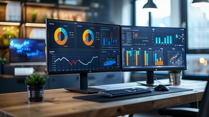 Sleek workstation with dual monitors showcasing vibrant data analysis graphics, histograms, and pie charts in a modern office setting
