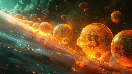 Surreal illustration of Bitcoins eclipsing global currencies on a digital growth chart, vivid colors, ultrarealistic - obrazy, fototapety, plakaty