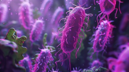 Bacteria evolving armor against antibiotics, dramatic side lighting, foreboding atmosphere - obrazy, fototapety, plakaty