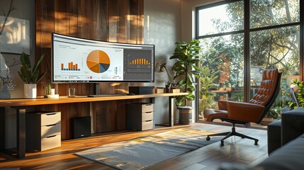 Bright and airy home office featuring a large monitor with 3D pie charts and dynamic histograms, blending work and comfort - obrazy, fototapety, plakaty