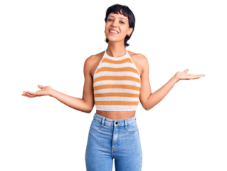 Young brunette woman with short hair wearing casual clothes smiling showing both hands open palms, presenting and advertising comparison and balance