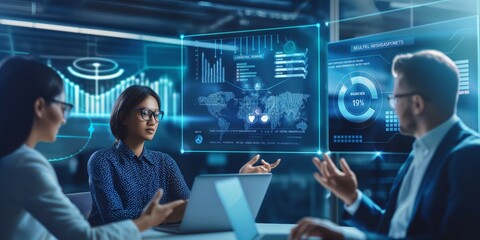 Professionals analyzing data on futuristic screens