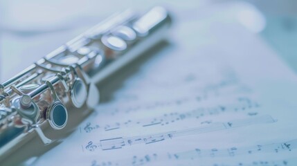 Obraz premium A close-up of a silver flute lying across an open sheet of classical music creates a serene and artistic ambiance