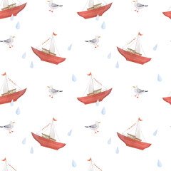 Watercolor seamless pattern with red sailboat and seagull