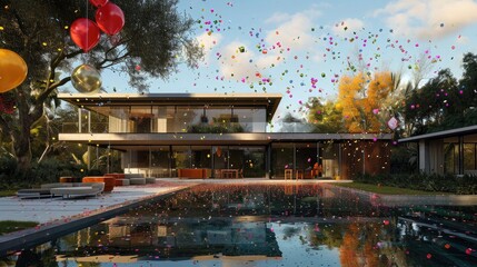 Magic of confetti and balloons on a contemporary mansion, side, front, and backyard view.