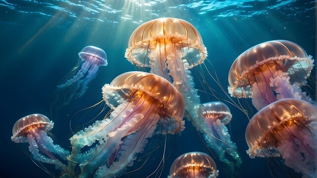 jelly fish in the aquarium,Imagine a mesmerizing scene in the depths of the ocean, where a group of ultra-detailed jellyfish gracefully floats with an iridescent glow. Each jellyfish is intricately de