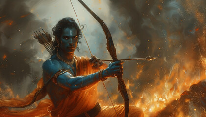 Hindu god Rama with bow and arrows. Ramanavami celebration. Burning background - obrazy, fototapety, plakaty