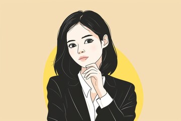 考えている日本人の女性会社員のイラスト（背景なし・ビジネスウーマン・キャリアウーマン）