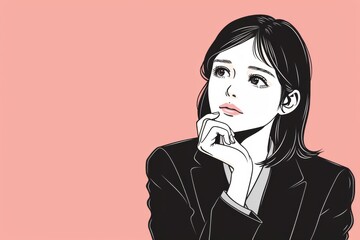 考えている日本人の女性会社員のイラスト（背景なし・ビジネスウーマン・キャリアウーマン）