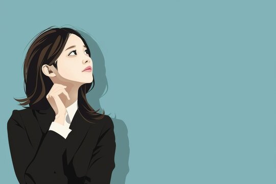 考えている日本人の女性会社員のイラスト（背景なし・ビジネスウーマン・キャリアウーマン）