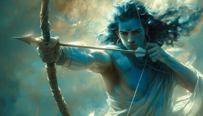 Hindu god Rama with bow and arrows. Ramanavami celebration