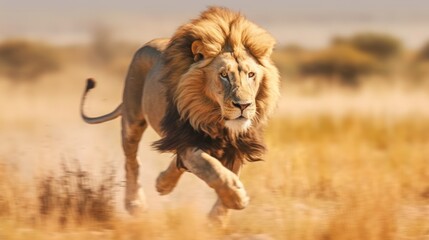 photo lion running with savanna background - obrazy, fototapety, plakaty