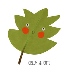 Cartoon of Green Leaf. Cute and Green. Happy Green Leaf on a White Background. Hand Drawn Kawaii Style Print with Shy and Cute Leaf, Perfect for Card, Wall Art, Poster, Kids' Room Decoration.  - 768098795