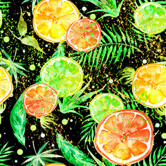 seamless watercolor pattern - hand drawing threads of lemon, Orange, lime  with leaves. Trendy pattern. Painting
Citrus fruits. orange slice, lemon. Branch with citrus fruit. Citrus art background - 768099104