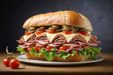 A huge delicious sandwich with meat on a plate. A giant multi-story hearty burger, meat, cheese, pickles, lettuce and tomatoes.