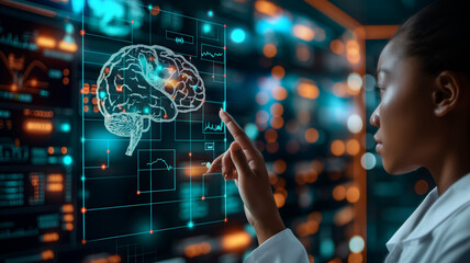 Person analyzing futuristic brain scan interface - obrazy, fototapety, plakaty