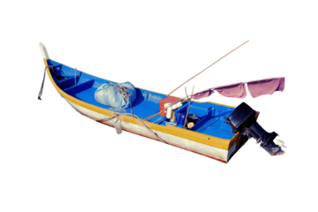 Cutout of an isolated perspective top view of a fishing boat with the transparent png	