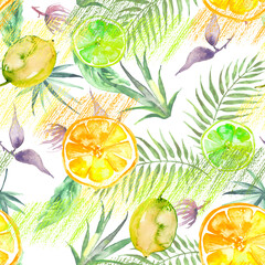seamless watercolor pattern - hand drawing threads of lemon, Orange, lime  with leaves. Trendy pattern. Painting
Citrus fruits. orange slice, lemon. Branch with citrus fruit. Citrus art background - 768099322