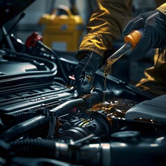 The Precision of Performance  Refueling and Maintenance of a Car Engine, Symbolizing the Essence of Automotive Care