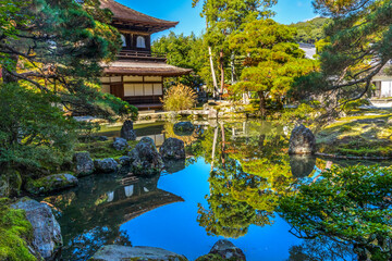 Colorful Fall Water Reflection Ginkakuji Silver Pavilion Temple Kyoto Japan