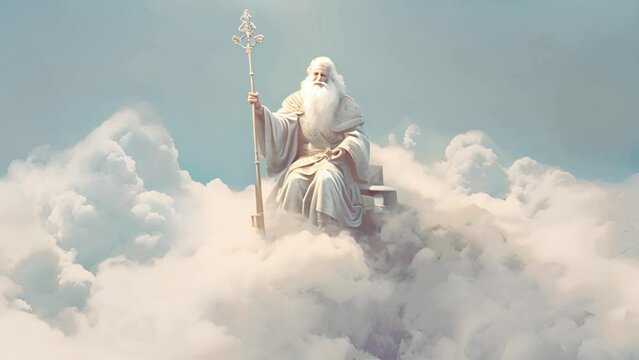 Saint Peter in white clouds of heaven. 4k video of saint Peter in heaven. Gate keeper of god. Keeping the heaven gates in clouds symbol of paradise