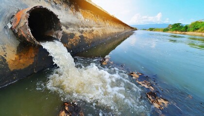 Environmental damage concept, Industrial and factory wastewater discharge pipe into the canal and sea, dirty water pollution, Sewage pipe outfall into the river, the river is polluted - obrazy, fototapety, plakaty