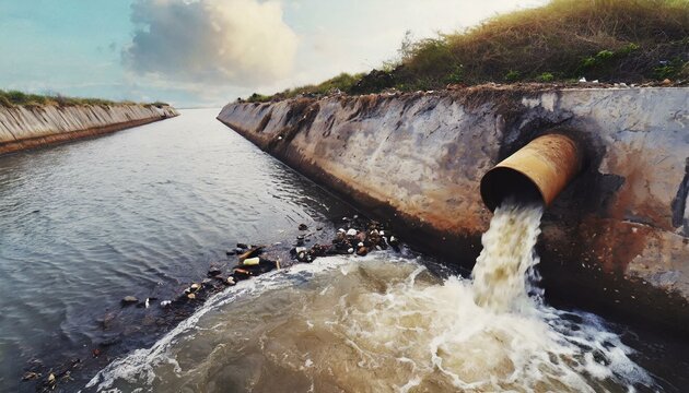 Environmental damage concept, Industrial and factory wastewater discharge pipe into the canal and sea, dirty water pollution, Sewage pipe outfall into the river, the river is polluted