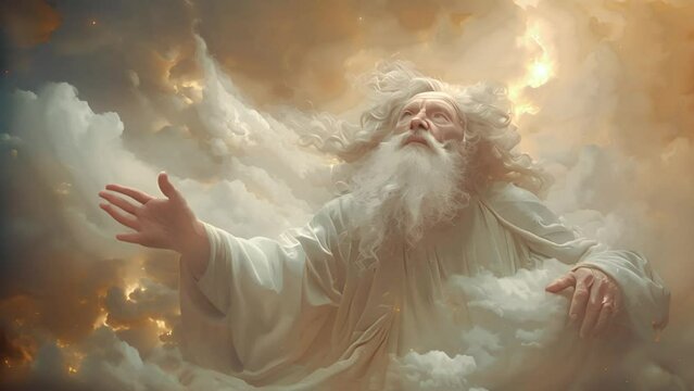 Saint Peter in white clouds of heaven. 4k video of saint Peter in heaven. Gate keeper of god. Keeping the heaven gates in clouds symbol of paradise