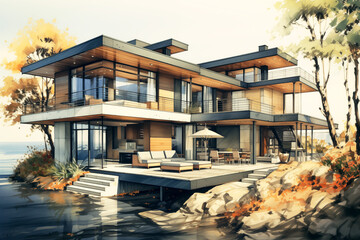 Conceptual architectural 3D rendering sketch of modern spacious house on the sea rocky coast,  ground and upper floor and a spacious terrace to enjoy the nature  - obrazy, fototapety, plakaty