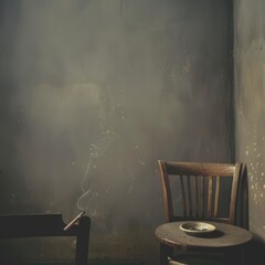 Introspective scene of a smoking cigarette in an ashtray on a wooden table, conveying a quiet moment of solitude
