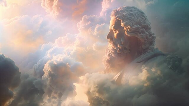 Saint Peter in white clouds of heaven. 4k video of saint Peter in heaven. Gate keeper of god. Keeping the heaven gates in clouds symbol of paradise