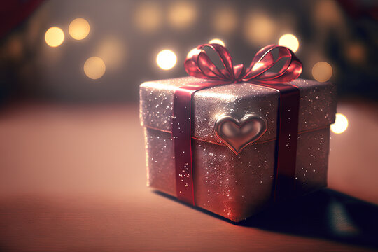Cute and cozy gift box with ribbon. Gift box on shiny bokeh background.