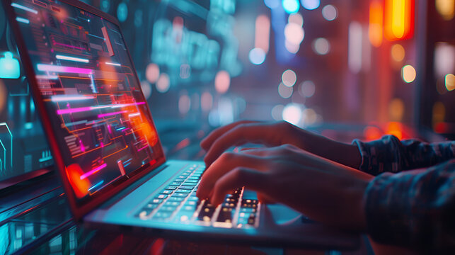 A person interacts with a glowing digital interface, symbolizing the integration of human touch with advanced technology and data connectivity