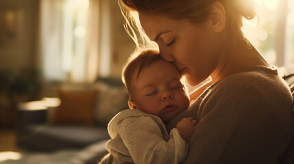 A heartwarming close-up of a mother gently cradling her newborn son in a softly lit living room, planting a tender kiss on his forehead, the morning light casting a serene glow ove