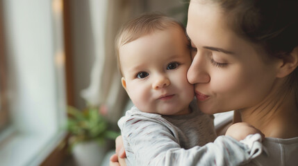 A close-up of a mother, sitting by the living room window, holding her baby boy close and kissing his cheek, the soft natural light highlighting their expressions of pure love and