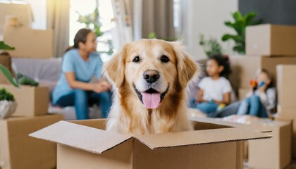 Fototapeta na wymiar Family with kids and pets moving to new home. Cute dog sitting in cardboard box. Moving to new home, packing and unpacking boxes, relocation, renovation, removals and delivery service concept 