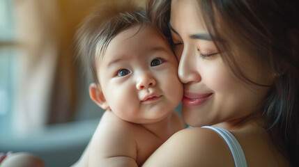 A close-up of a mother, sitting by the living room window, holding her baby boy close and kissing his cheek, the soft natural light highlighting their expressions of pure love and