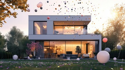 Luxurious celebration with confetti and balloons on a modern residence, side, front, and backyard view.