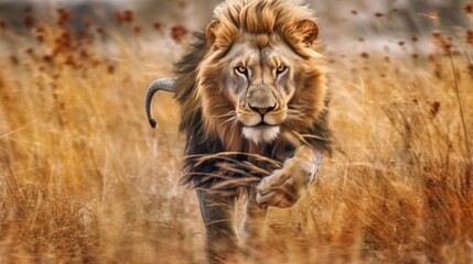 photo lion running with savanna background