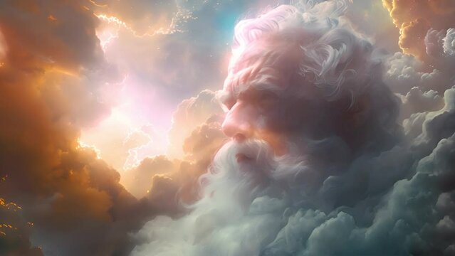 Saint Peter in white clouds of heaven. 4k video of saint Peter in heaven. Gate keeper of god. Keeping the heaven gates in clouds symbol of paradise