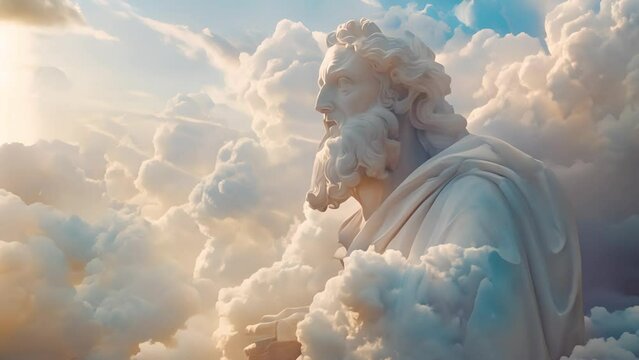 Saint Peter in white clouds of heaven. 4k video of saint Peter in heaven. Gate keeper of god. Keeping the heaven gates in clouds symbol of paradise