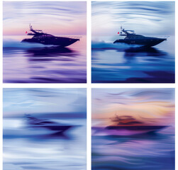 A collage of four designs, each depicting the silhouette and color palette of an open motorboat in...