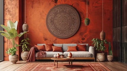 a radiant mandala on a terracotta backdrop, paired harmoniously with a comfortable sofa.
