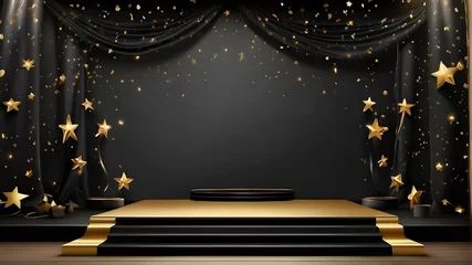 Poster Graduation class background award party banner with space for writing, black curtain and cascading gold stars on an empty stage, podium or platform for product presentation © Shehzad