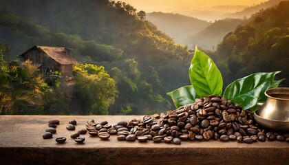 Coffee beans on a wooden table with a wonderful landscape with a coffee machine, cat, dog, steam,...