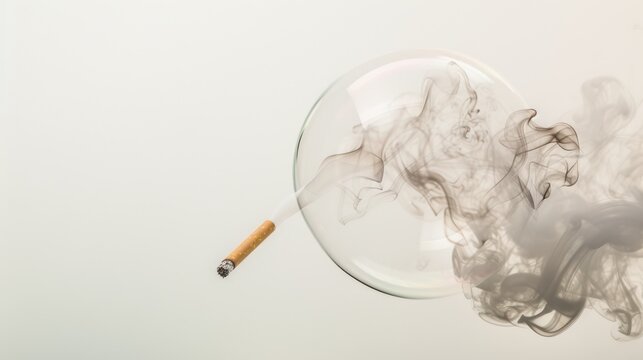 Conceptual image of a clear orb capturing smoke from a lit cigarette against a light background