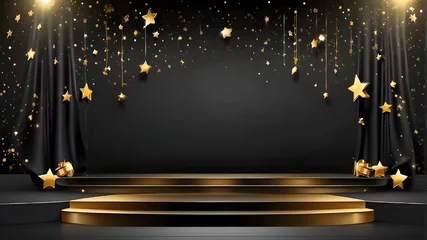 Poster Graduation class background award party banner with space for writing, black curtain and cascading gold stars on an empty stage, podium or platform for product presentation © Shehzad