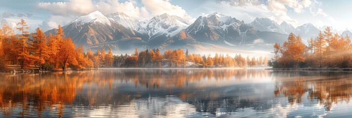 Vivid high tatra lake in early autumn  majestic mountains, pine trees, and serene sky reflections - obrazy, fototapety, plakaty