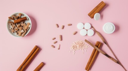 Flat lay composition of aromatherapy ingredients, with a balance of earthy cinnamon and white pills on a soft pink background.