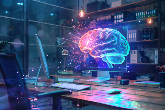 doctor analyzing human brain with the help of robotics ,Close up of desktop with laptop, coffee cup and glowing digital brain hologram on blurry office window with city view background. The concept of